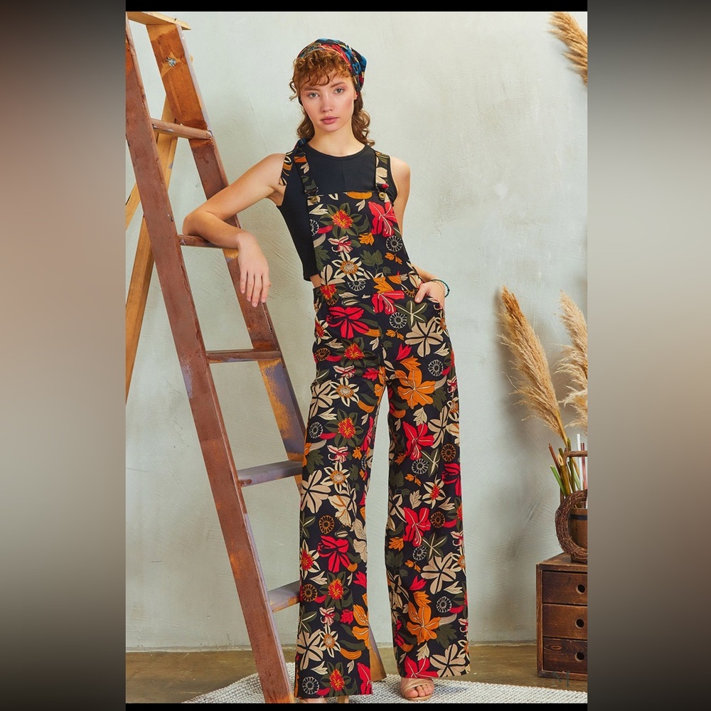 Floral Multicolor Women's Jumpsuit S NEW Jungle Print Overalls Linen Cotton Boho - Picture 6 of 13